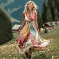 Women's Vintage Floral Art Patchwork Linen Comfy Sling Dress elevenforest