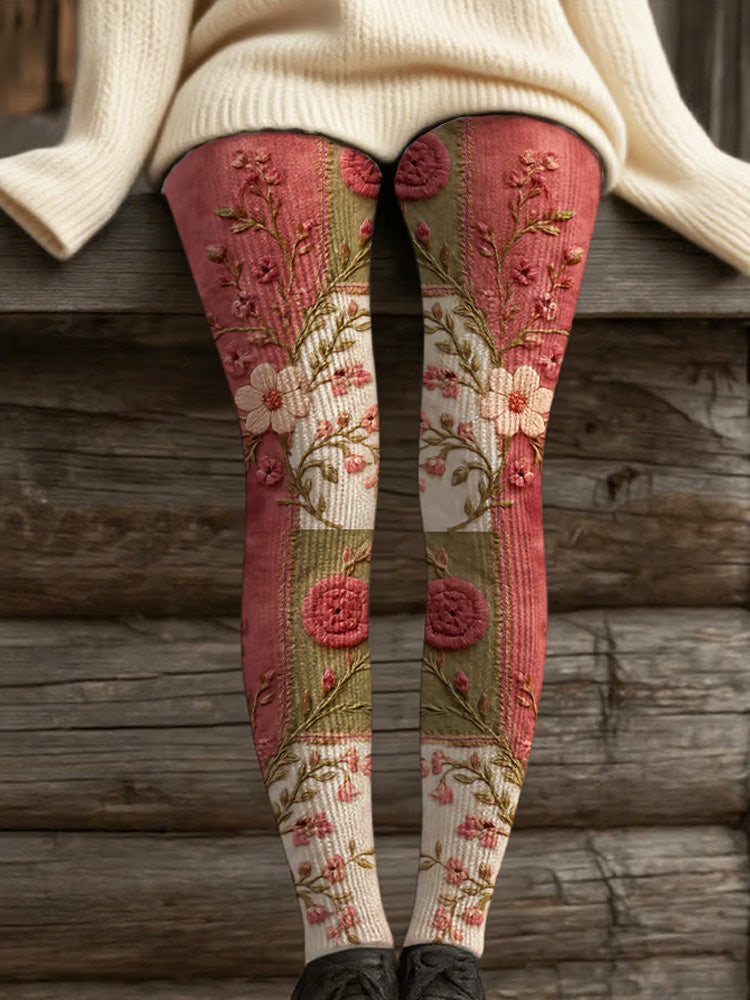 Women's Retro Pink Awareness Flowers Print Leggings elevenforest