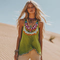 Women's Bohemia Floral Ethnic Style Linen V-neek Sleeveless Top elevenforest