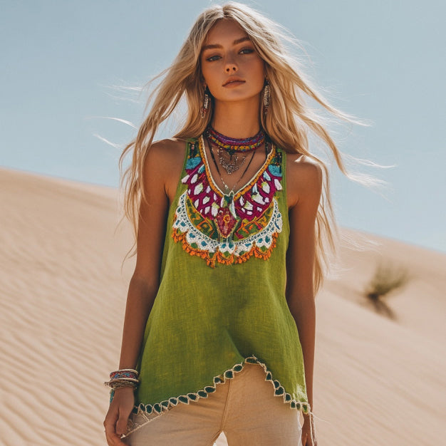 Women's Bohemia Floral Ethnic Style Linen V-neek Sleeveless Top elevenforest