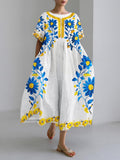 Ukrainian Ethnic Yellow And Blue Floral Embroidery Women's Linen Dress elevenforest