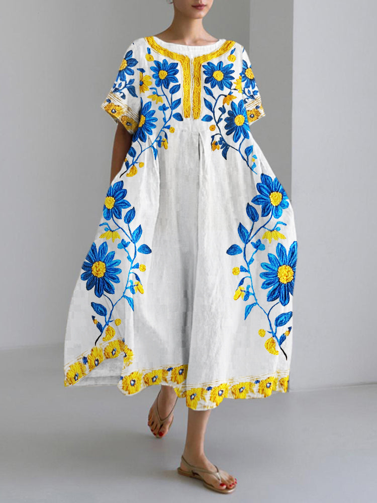 Ukrainian Ethnic Yellow And Blue Floral Embroidery Women's Linen Dress elevenforest