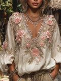 Women's Diamond-encrusted Flower V-neck Long-sleeved Shirt elevenforest