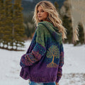 Comstylish Women's Vintage Viking Tree Of Life And Floral Pattern Knit Zip-up Sweater