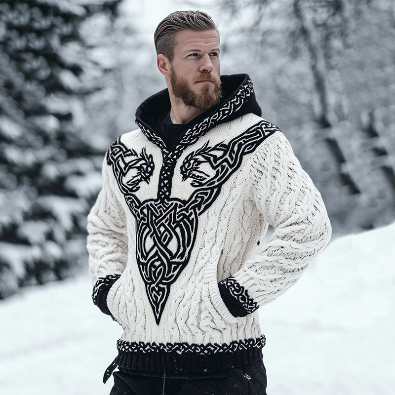 Men's Viking Celtic Contrast Cozy Chunky Hooded Sweater elevenforest