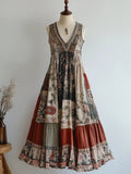 Retro Floral Patchwork V Neck Sleeveless Cozy Linen Dress elevenforest