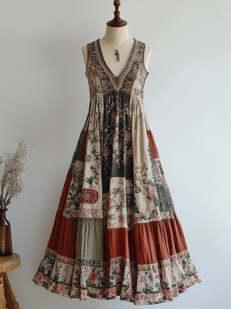 Retro Floral Patchwork V Neck Sleeveless Cozy Linen Dress elevenforest