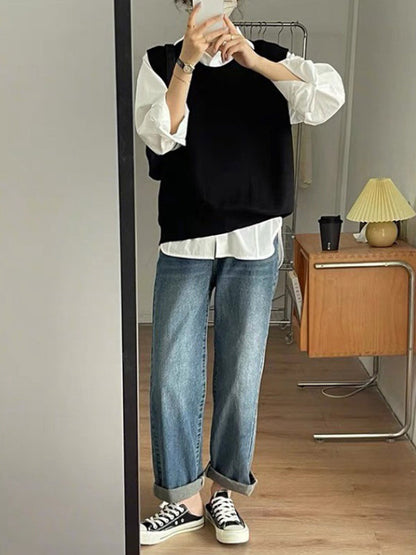 Long Sleeves Loose Color Split-side Lapel Blouses