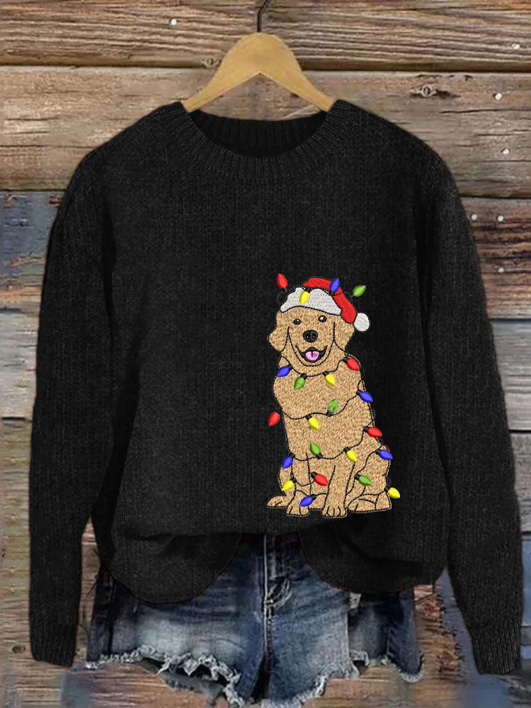 Comstylish Women's Christmas Golden Retriever Embroidery Print Sweater
