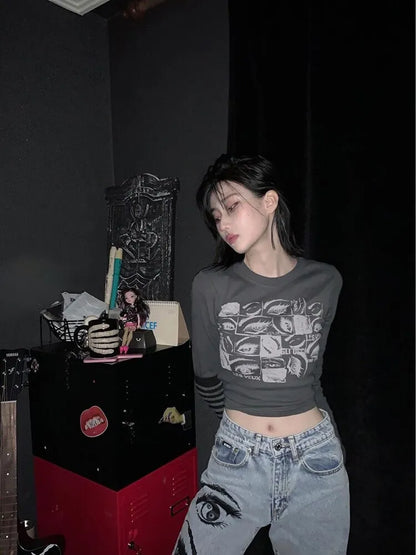 Retro Eyes Print Tops Fairy Grunge Graphic Spring T Shirts Indie Aesthetic Clothes Cyber Y2k Slim Long Sleeve Top