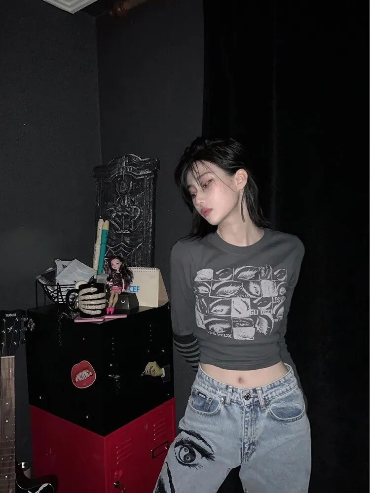 Retro Eyes Print Tops Fairy Grunge Graphic Spring T Shirts Indie Aesthetic Clothes Cyber Y2k Slim Long Sleeve Top