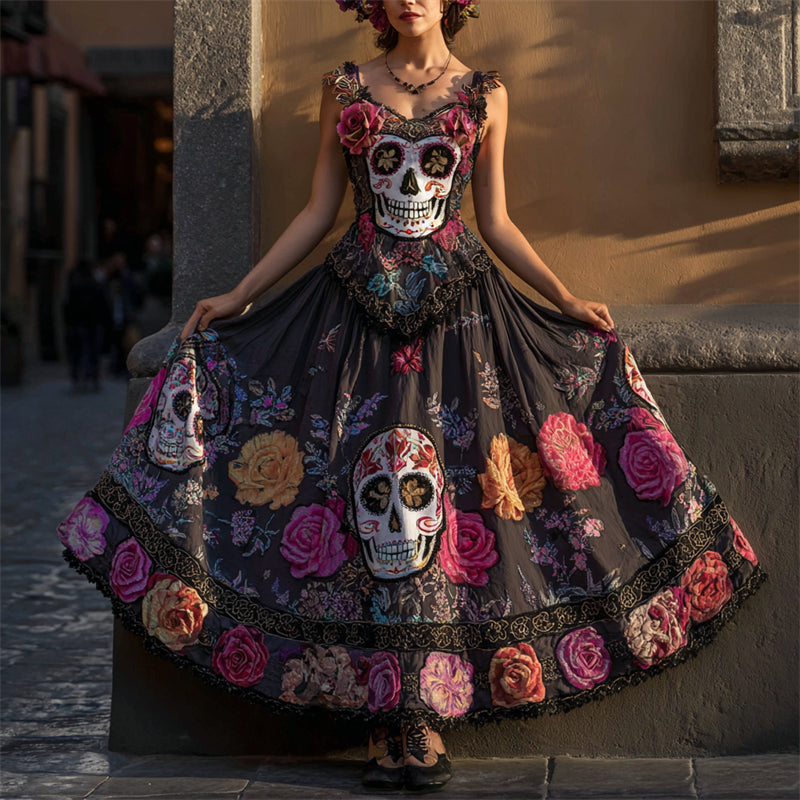 Day Of The Dead Sugar Skulls & Roses Linen Maxi Dress elevenforest