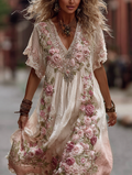 Women's Vintage Rose Embroidery Gradient Pink Art Comfy Linen Maxi Dress elevenforest