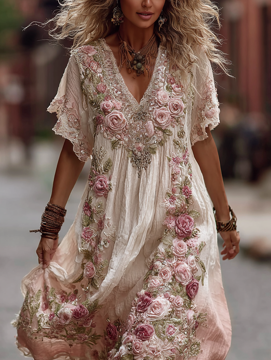 Women's Vintage Rose Embroidery Gradient Pink Art Comfy Linen Maxi Dress elevenforest