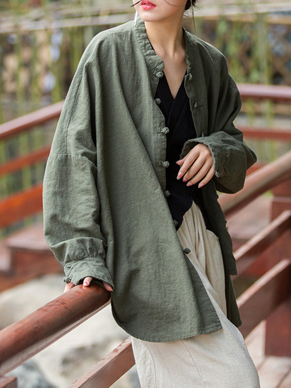 Batwing Sleeves Loose Chinese Frog Buttons Pleated Color Split-joint Stand Collar Blouses