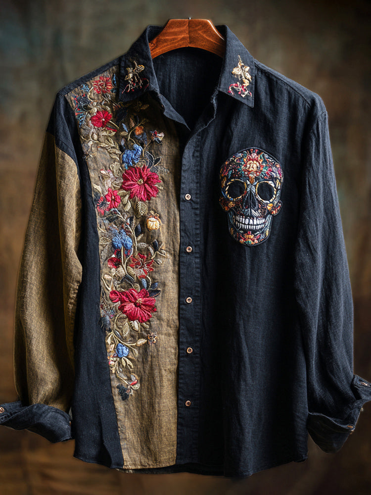 Halloween Skull Vintage Floral Embroidered Men's Long Sleeve Shirt elevenforest