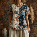 Women's Retro Floral Pattern Color Block Top elevenforest