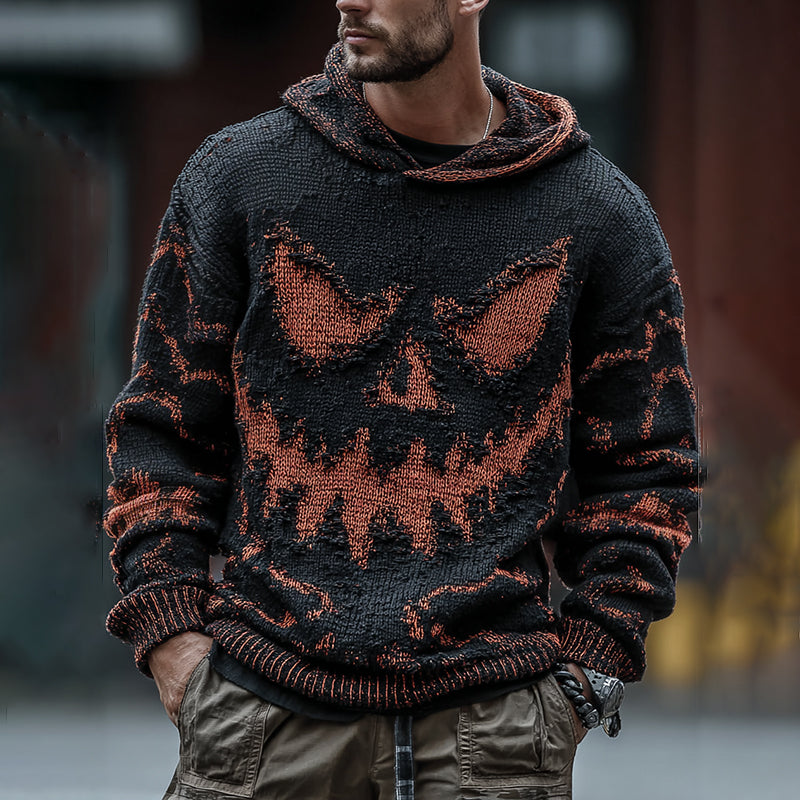 Men's Halloween Spooky Face Art Inspired Knitted Distressed Hooded Sweater elevenforest