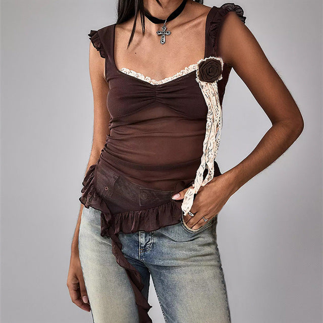 Trauxy Fungus Side Mesh Tank Top ’s 3d Flower See Through Patchwork Slim Sleveeless Female Club Party Vestido