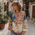 Women's Retro Floral Stitching Warm V-neck Sweatshirt elevenforest