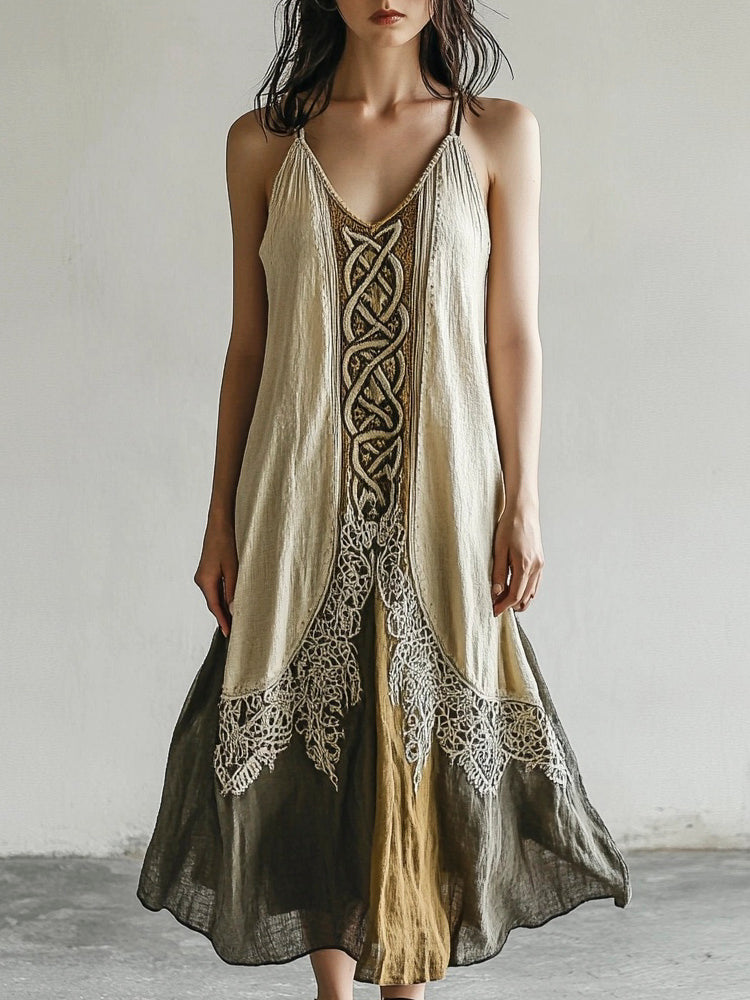 Vintage Celtic Knot Gradient Lace Linen Halter Dress elevenforest