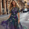 Women's Purple Rose Pattern Gradient Elegant Dress elevenforest