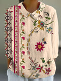 Women's Vintage Botanical Floral Patchwork Art Print Design Lapel Shirt elevenforest