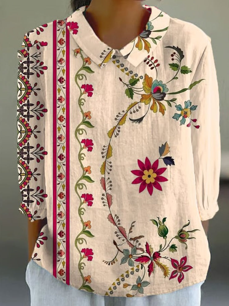 Women's Vintage Botanical Floral Patchwork Art Print Design Lapel Shirt elevenforest