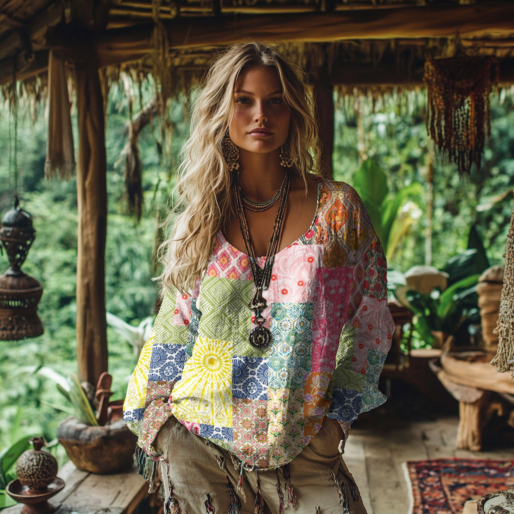 Retro Bohemian Resort Floral Patchwork Art Print Cotton And Linen Blend Loose Blouse elevenforest