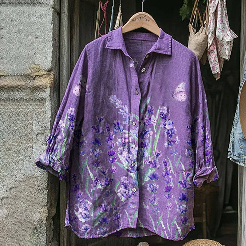 Vintage Bohemian Holiday Style Linen Floral Print  Long Sleeve Shirt elevenforest