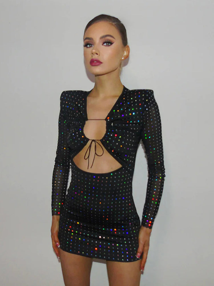 Tossy Sequined Hollow Strap Slim Mini Dress Long Sleeve Hip Wrap Patchwork Black Party Evening Dress Female Summer