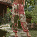 Vintage Retro Rose And Floral Patchwork Art Linen Pants elevenforest