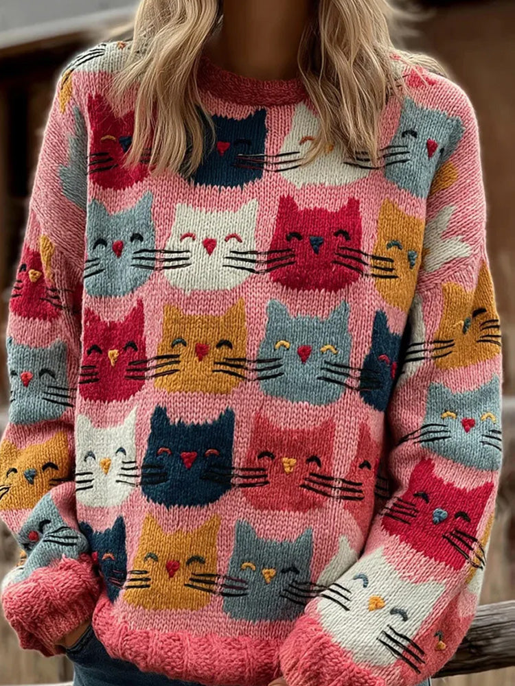 Comstylish Women's Vintage Cat Art Print Sweater