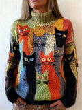 Comstylish Vintage Crowded Cats Colorblock Turtleneck Cozy Sweater