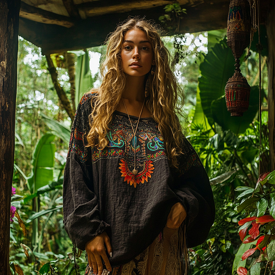 Retro Bohemian Resort Art Embroidery Print Cotton And Linen Blend Loose Blouse elevenforest