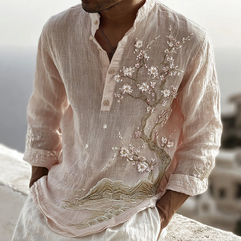 Men's Japanese Cherry Blossom And Mountain Casual Linen Shirt elevenforest