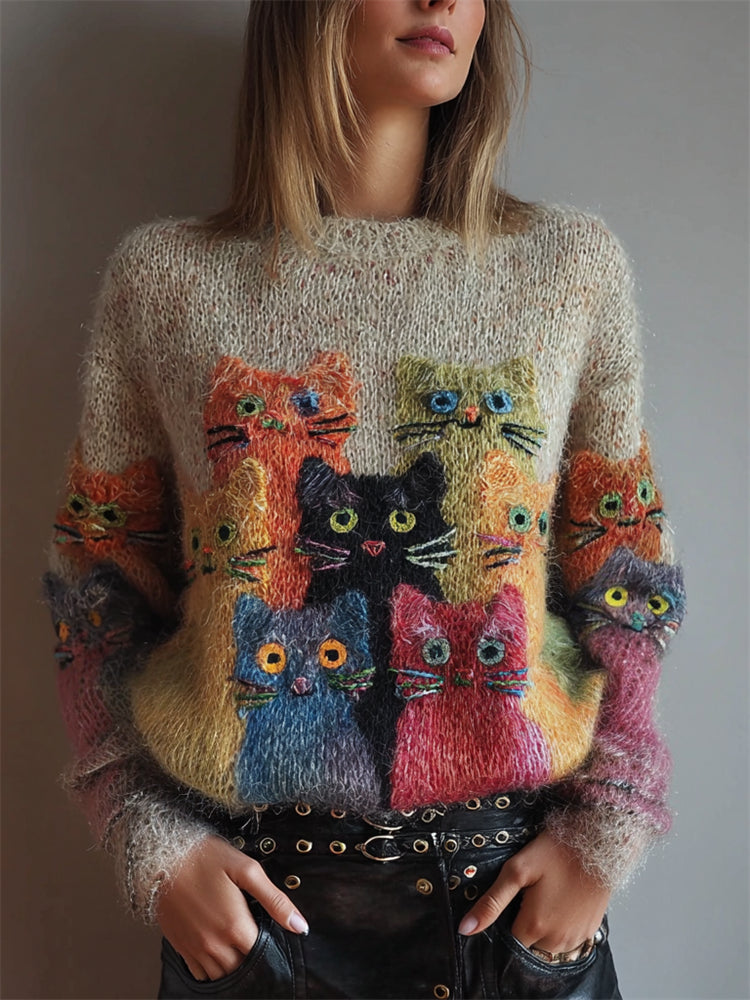 Vintage Colorful Crowded Cats Fuzzy Cozy Knit Sweater