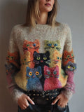 Comstylish Vintage Colorful Crowded Cats Fuzzy Cozy Knit Sweater