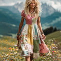 Women's Vintage Floral Art Patch Linen Comfy Short Sleeve Dress elevenforest
