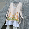 Women's Cute Bunny Floral Embroidery Pattern Linen Blend Shirt elevenforest