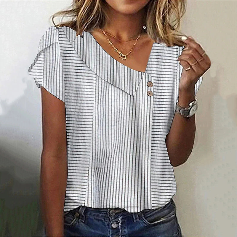 Women's Retro Stripes Slanted Placket T-Shirt elevenforest