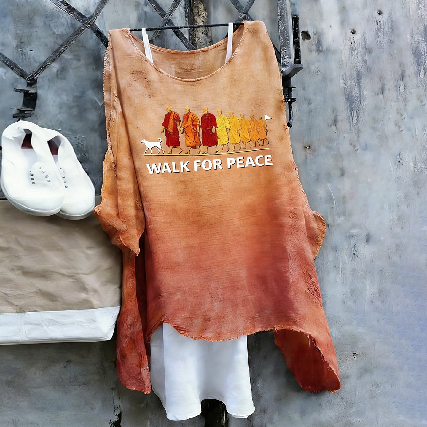 Comstylish Vintage Walk For Peace Aloka Dog In Gradient Art Linen Tunic