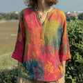 Women's Floral Pattern Tie-dye Art V-neck T-shirt elevenforest