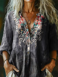 Women's Floral Pattern Art Print Casual Cotton Linen Shirt