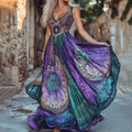 Vintage Boho Gradient Tribal Pattern Cotton Linen V Neck Mixi Dress elevenforest