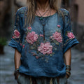Women's Pink Flower Blue Tie-dye Short-sleeved Shirt elevenforest