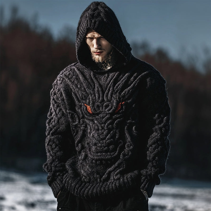 Men's Vintage Dragon Viking Celtic Chunky Hooded Sweater elevenforest
