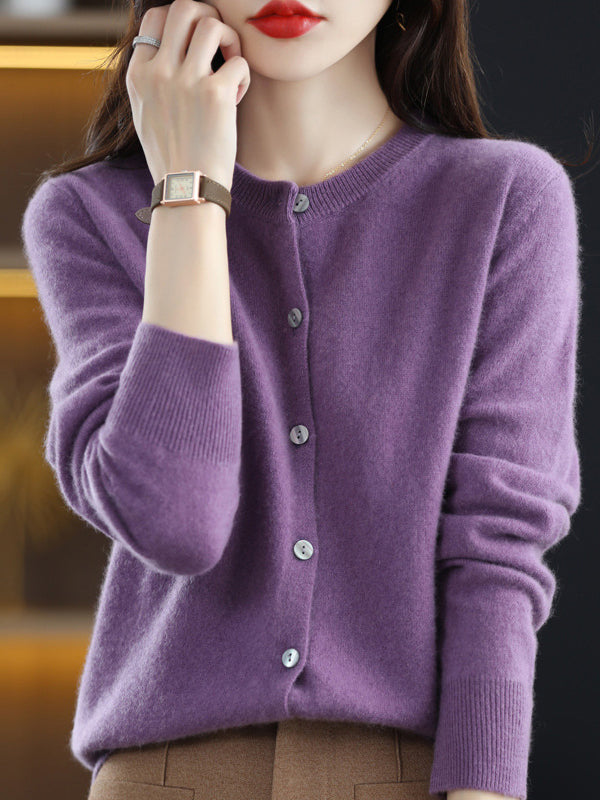 Long Sleeves Buttoned Elasticity Round-neck Cardigan Tops Knitwear