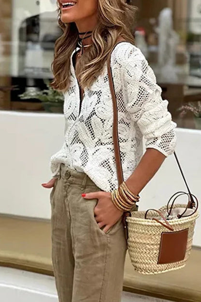 Street Hook Flower Color Hollow Out O Neck Blouses