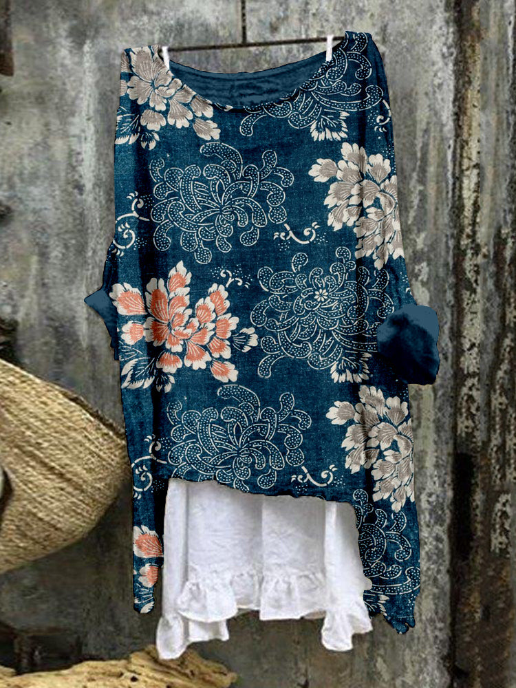 Vintage Floral Pattern Linen Blend Flowy Tunic elevenforest
